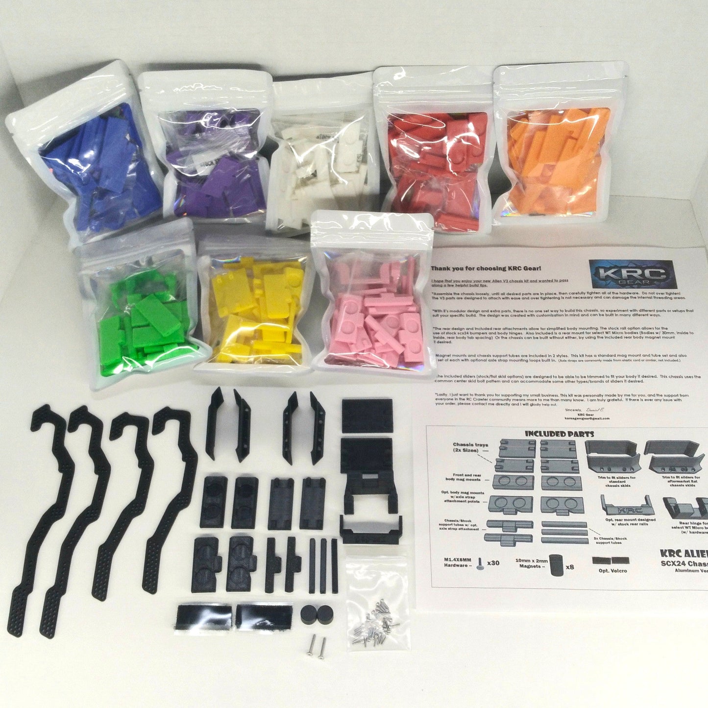 KRC Alien V3 BLACK Anodized Aluminum Chassis Kits for SCX24 - NEW - Your choice of chassis parts color.